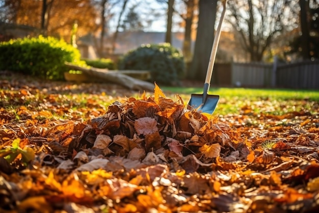 Een schop wordt gebruikt om bladeren in een tuin op te ruimen.
