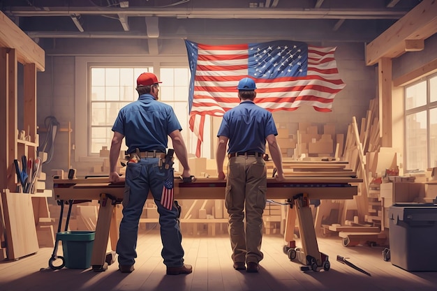 Een schot van timmerman van achteren op de werkplek met Amerikaanse vlag kleurrijke illustratie van de dag van de arbeid