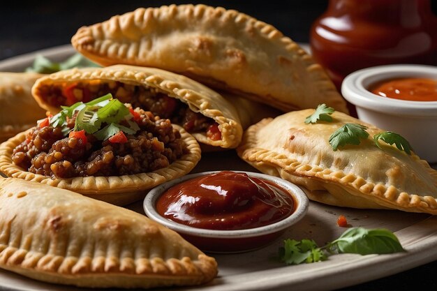 Foto een schotel empanadas met dipsaus