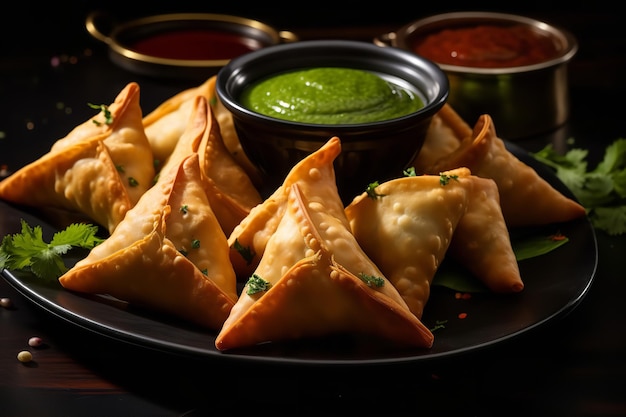 Een schotel groentesamosa's met chutney om in te dippen