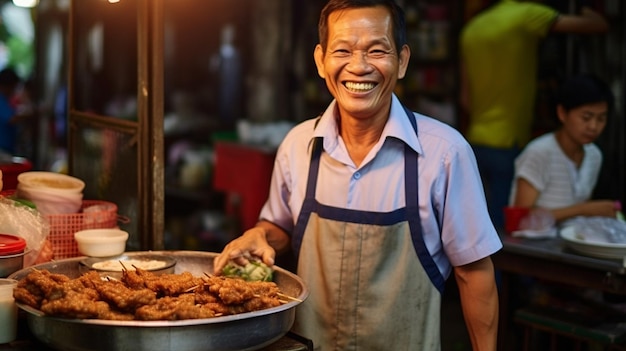 Een schotel kipnoedels naar klanten brengen op een kraamkar een verkoper glimlacht GENERATEERDE AI