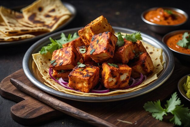 Een schotel paneer tikka geserveerd met knapperige papadums