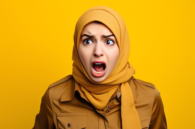 Een schreeuwende vrouw met een gele hijab op haar hoofd