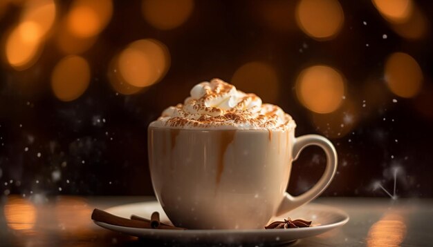 Een schuimige warme chocolademelk met slagroom en marshmallowdecoratie gegenereerd door AI