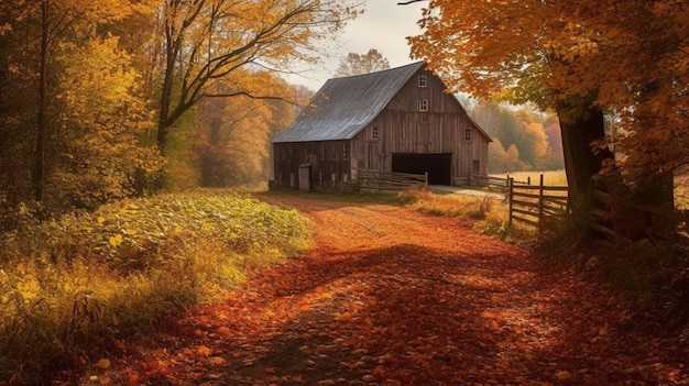 Een schuur aan een landweg met herfstkleuren