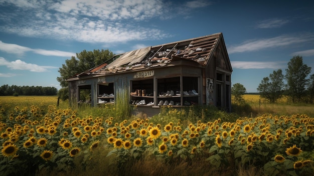 Een schuur in een veld met zonnebloemen