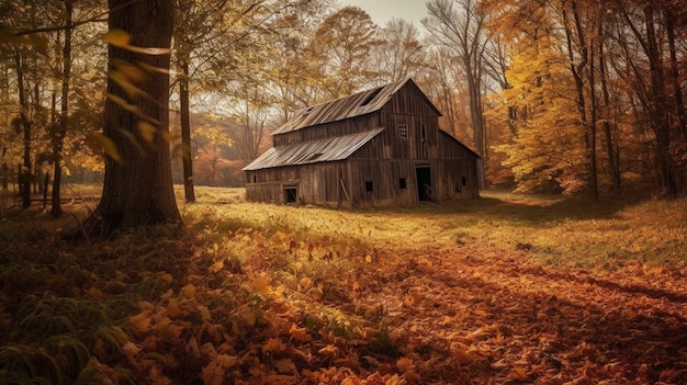 Een schuur in het bos met herfstbladeren op de grond