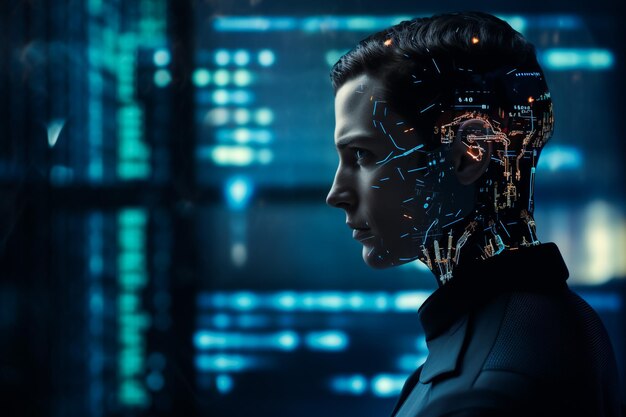 Een sci-fi futuristische AI-androïde kijkt en denkt aan de toekomst3D-illustratie 3D-rendering