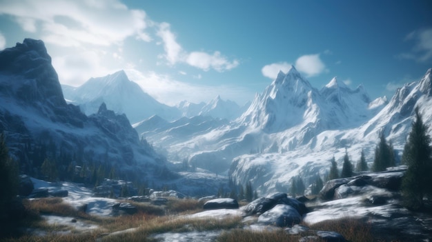 Een screenshot van een besneeuwd berglandschap met een berg op de achtergrond.