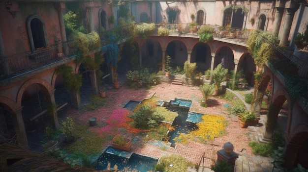 Een screenshot van een binnenplaats met een tuin in het midden en een paar planten op de grond.