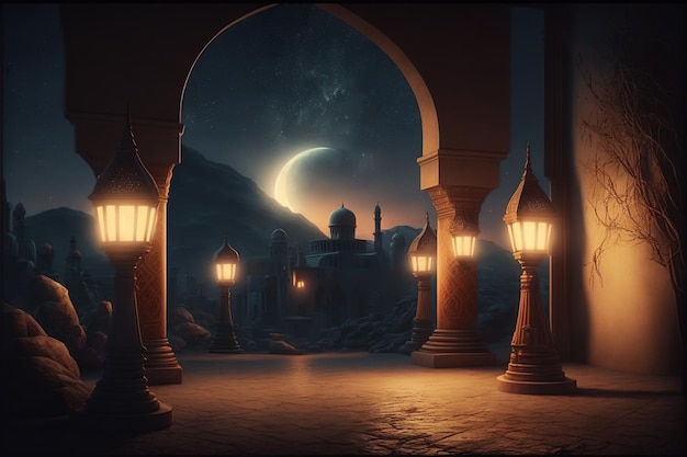 Een screenshot van een donkere nachtscène met een maan en lichten.