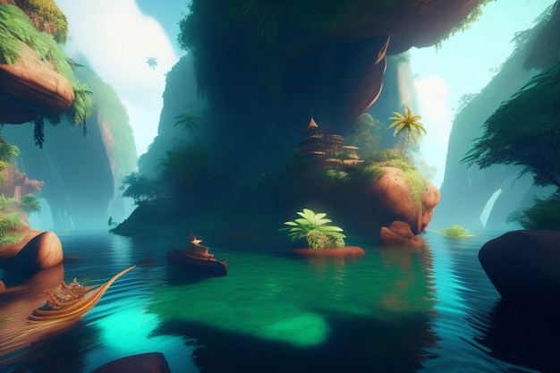 Een screenshot van een drijvend eiland met een kleine boot in het water.