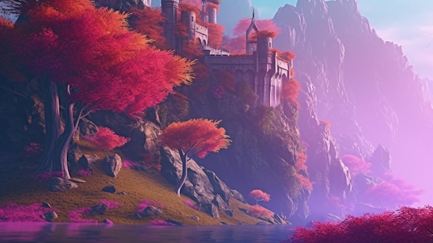 Een screenshot van een kasteel op een berg
