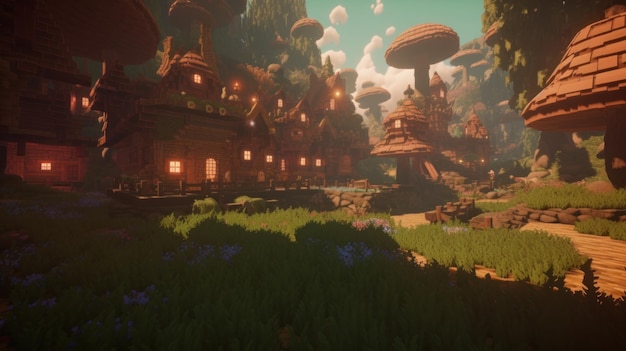 Een screenshot van een paddenstoelendorp in een bos.