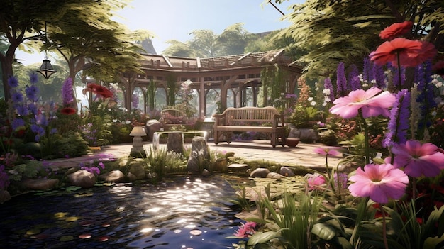 een screenshot van een tuin met een vijver en een gazebo.