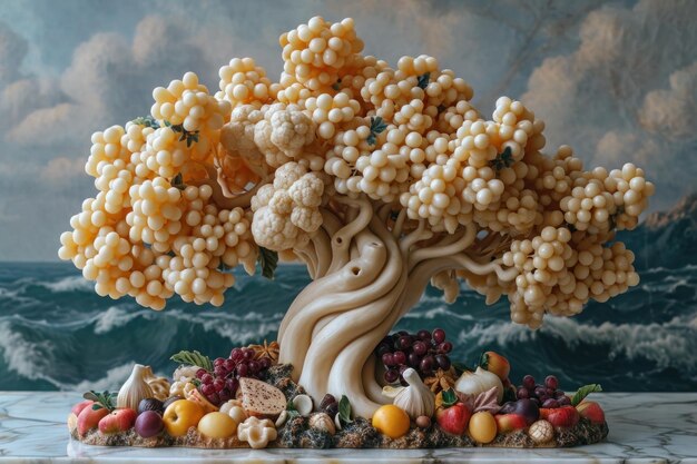 Een sculptuur van een boom gemaakt van druiven en ander fruit ai