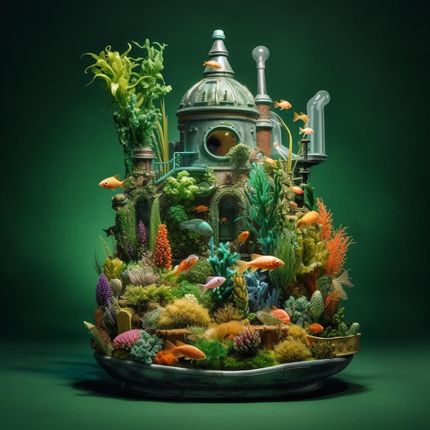 Een sculptuur van een gebouw met een aquarium en een aquarium.