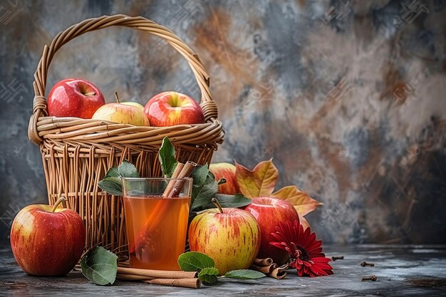 Een seizoensgebonden herfstopstelling met appelsap, kaneelstokjes en appels.