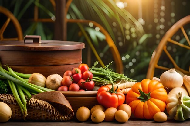 Een selectie groenten, waaronder tomaten, pompoen en andere groenten, wordt op een tafel uitgestald.