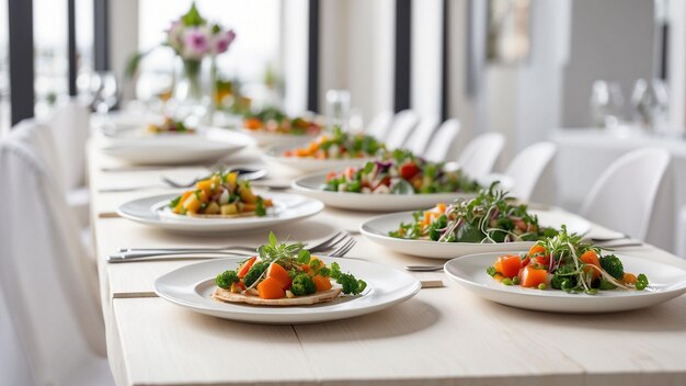 een selectie van vers bereide vegetarische gerechten op een schone witte houten tafel in een chique restaurant