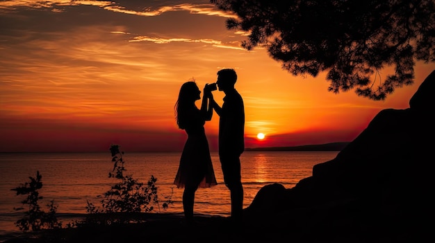 Een selfie bij zonsondergang met een stel in silhouet tegen de zee