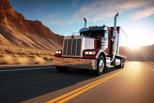 Een semi-truck rijdt de weg af bij zonsondergang.