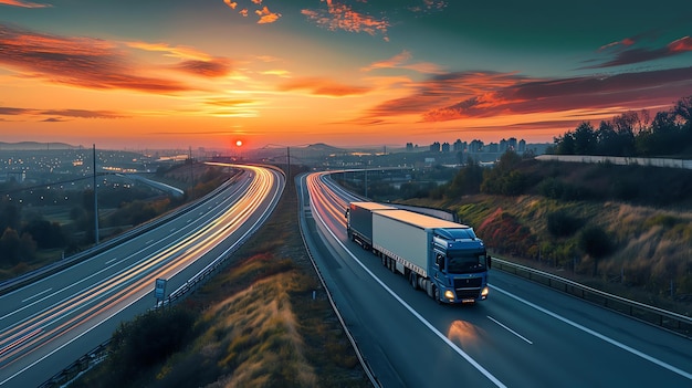 Foto een semi-truck rijdt op een landelijke snelweg bij zonsondergang de ondergaande zon werpt een gouden gloed over de truck en de weg