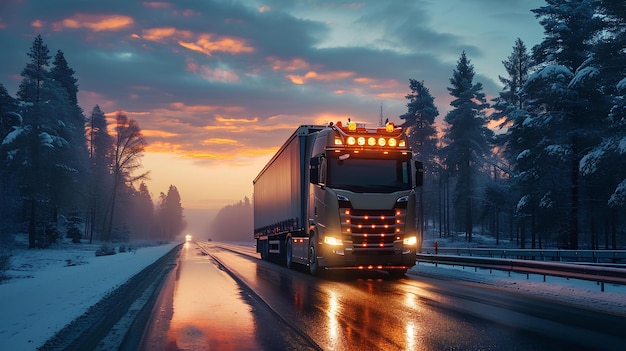 Een semi-truck rijdt over een besneeuwde weg.