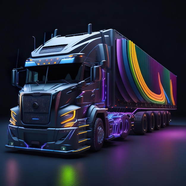 Een semi-vrachtwagen met regenbooglichten aan de voorkant.