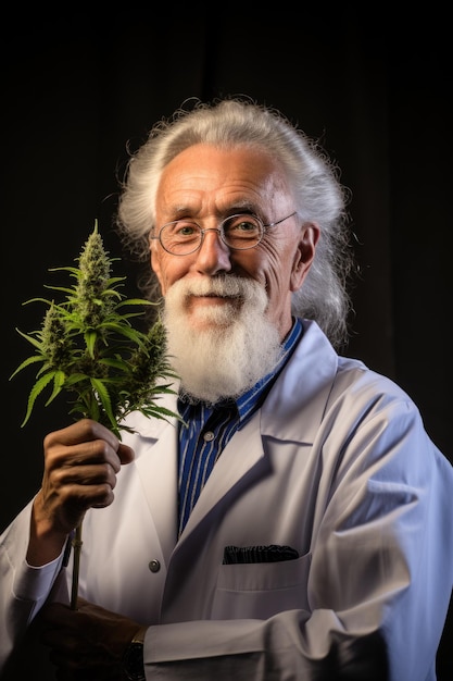 een senior arts houdt een medicinale cannabisplant vast