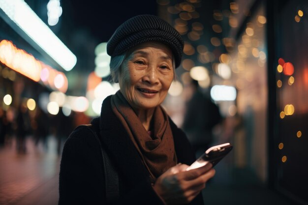 Een senior chinese japanse vrouw trendy kleding met behulp van mobiele telefoon met achtergrond van stedelijke stadsstraat 's nachts Generatieve AI AIG18