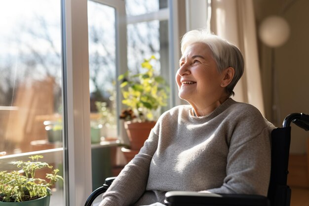 Een senior gepensioneerde vrouw in een rolstoel