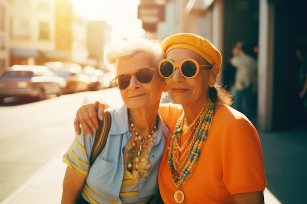 Een senior lesbisch stel glimlacht en viert hun liefde tijdens Pride Month Generative AI