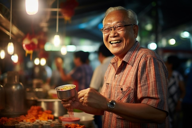 Een senior man die 's avonds vrolijk eet op een straatvoedselmarkt