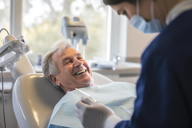 Een senior man gaat met plezier naar de tandarts voor een tandheelkundige controle in de kliniek