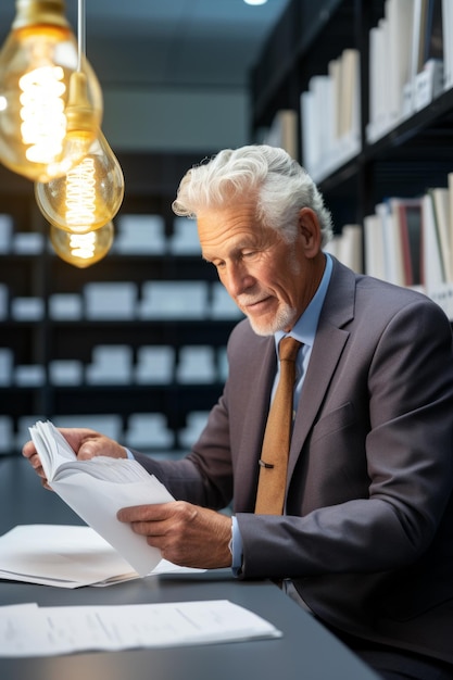 Een senior mannelijke professional die een document leest in een bibliotheek