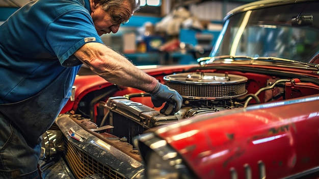 Foto een senior monteur in zijn zestiger jaren is hard aan het werk bij het repareren van een klassieke auto motor hij draagt een blauw uniform en een veiligheidsbril