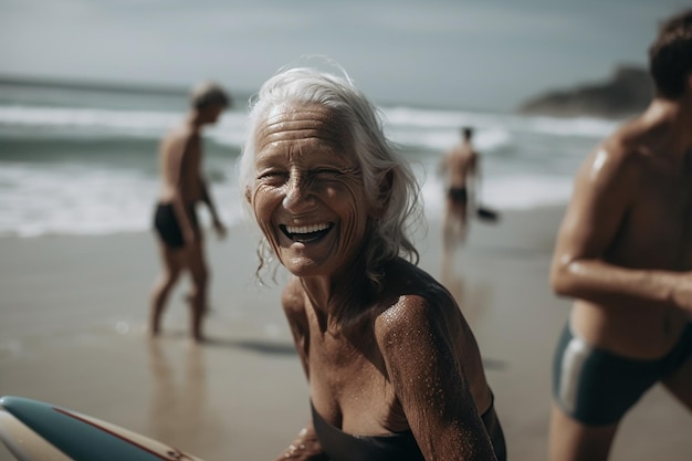 Foto een senior surfvrouw die geniet van een dag op het strand en hun oprechte lach en geluk vastlegt