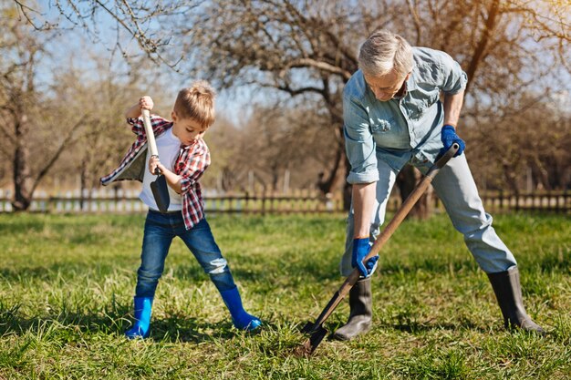 Een senior tuinman en zijn kleinzoon buitenshuis vrije tijd samen doorbrengen tijdens het planten van nieuwe fruitbomen in de achtertuin