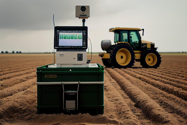 Een sensor in een veld naast een tractor