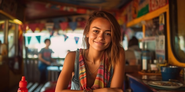 Een sensuele vrouwelijke backpacker met een lichte glimlach betovert de scène in een levendig straatvoedselcafé en dompelt zich onder in de smaken en ambiance van de locale Generative AI