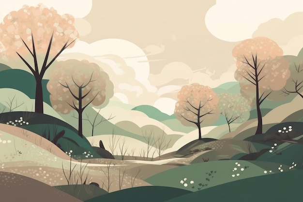 Een sereen berg- en heuvelslandschap afgebeeld in een minimalistische illustratie Zachte en gedempte kleuren