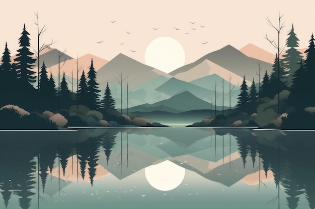 Een sereen bergmeerlandschap afgebeeld in een minimalistische illustratie Zachte en gedempte kleuren