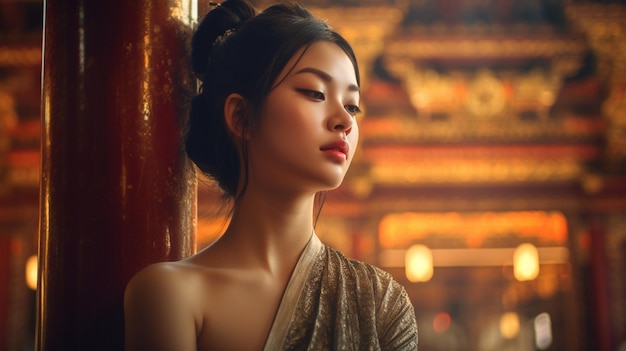 Foto een sereen portret van een oosters meisje in een vredige tempel haar serene uitdrukking en zachte houding