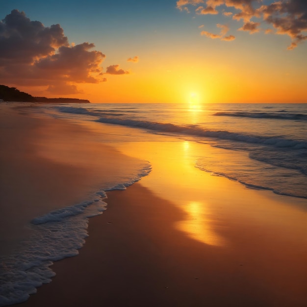 Een sereen strand met een kristalheldere oceaan en een gouden zonsondergang