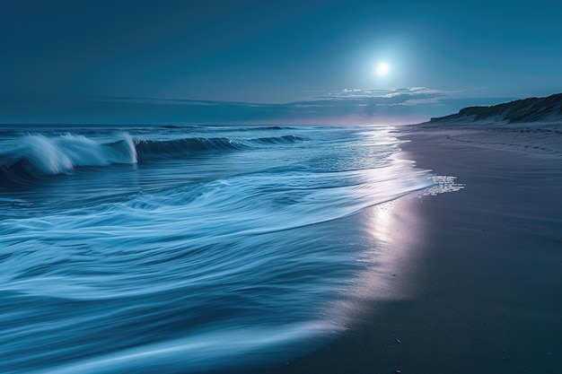 Een sereen strandtafereel waar een volle maan helder schijnt en zijn licht over het kalme oceaanwater werpt Een maanverlicht strand met zacht beukende golven die zachte patronen in het zand maken AI gegenereerd