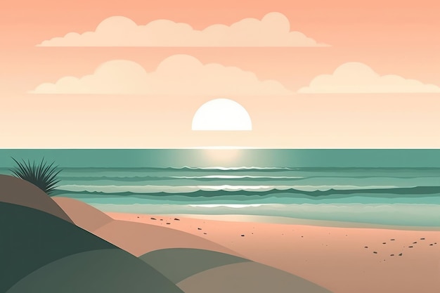 Een sereen zeegezicht afgebeeld in een minimalistische illustratie Zachte en gedempte kleuren Generatieve AI