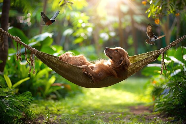 Een serene achtertuin met een hond die op een hangmat ligt. Weelderige groenheid verbindt mensen en huisdieren.