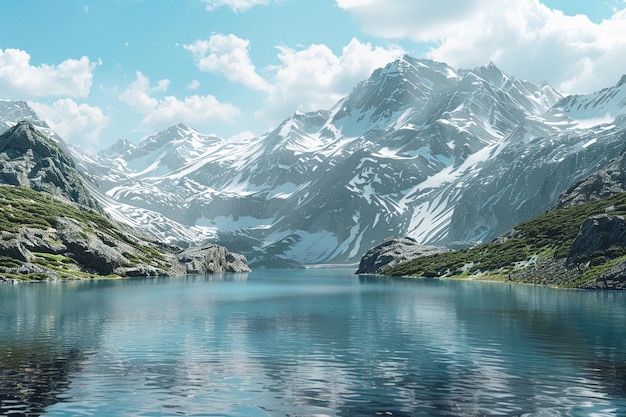 Een serene alpine meer genesteld tussen besneeuwde pe