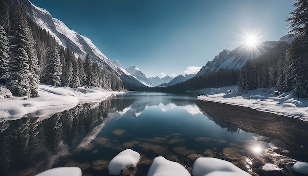 Een serene alpine meer omringd door besneeuwde bergen dennenbomen en kristalheldere reflecties